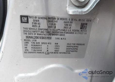 2014 Chevrolet Captiva Sport 2Ls z USA, uszkodzony, nr VIN 3GNAL2EK1ES637858